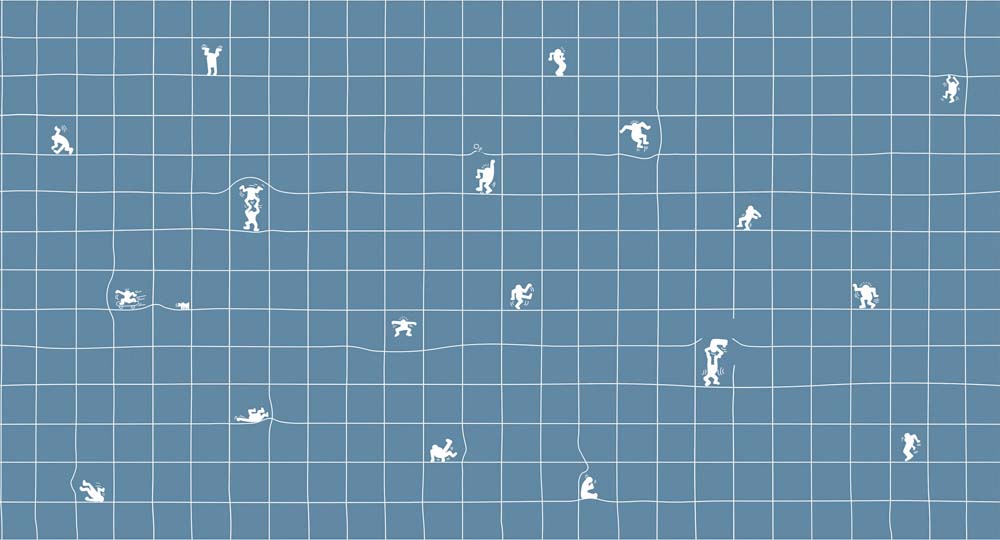 Blue Grid Wallpaper – Playful Mini Figures Kids Wall Mural