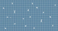 Blue wallpaper with a fine white grid and tiny white figures in playful poses scattered across the pattern.