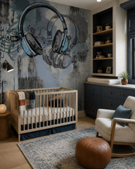 Headphones wallpaper in a nursery with a wooden crib and a navy dresser.