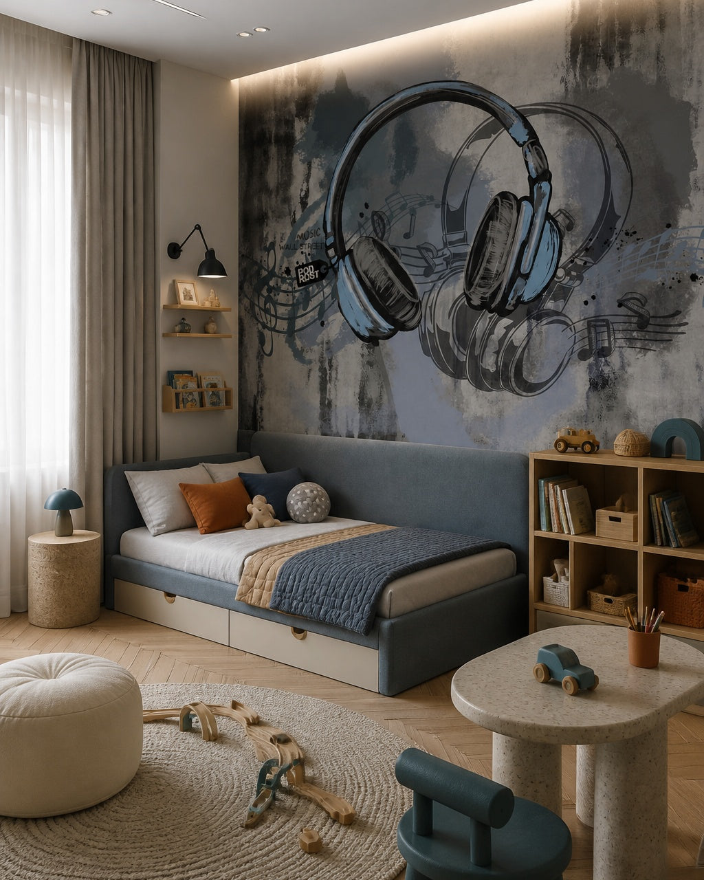 Headphones wallpaper in a boy’s bedroom with a grey daybed and a play table.