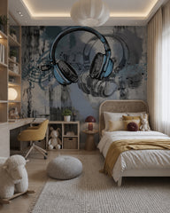 Headphones wallpaper in a bedroom with a rattan bed and a built-in desk.