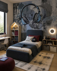 Headphones wallpaper in a teen bedroom with a navy bed and a desk.