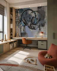 Headphones wallpaper in a study corner with a built-in desk and an orange armchair.