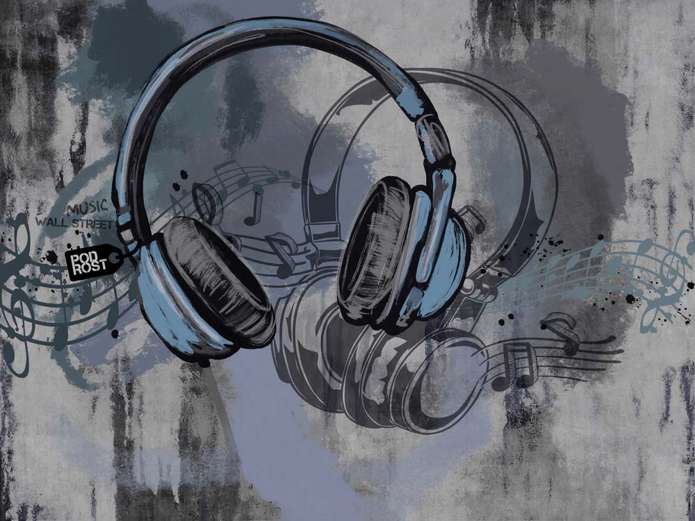 Grunge wallpaper with large blue and grey sketched headphones, musical notes and ink splashes on a weathered grey wall.