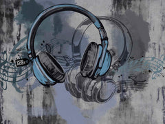 Grunge wallpaper with large blue and grey sketched headphones, musical notes and ink splashes on a weathered grey wall.
