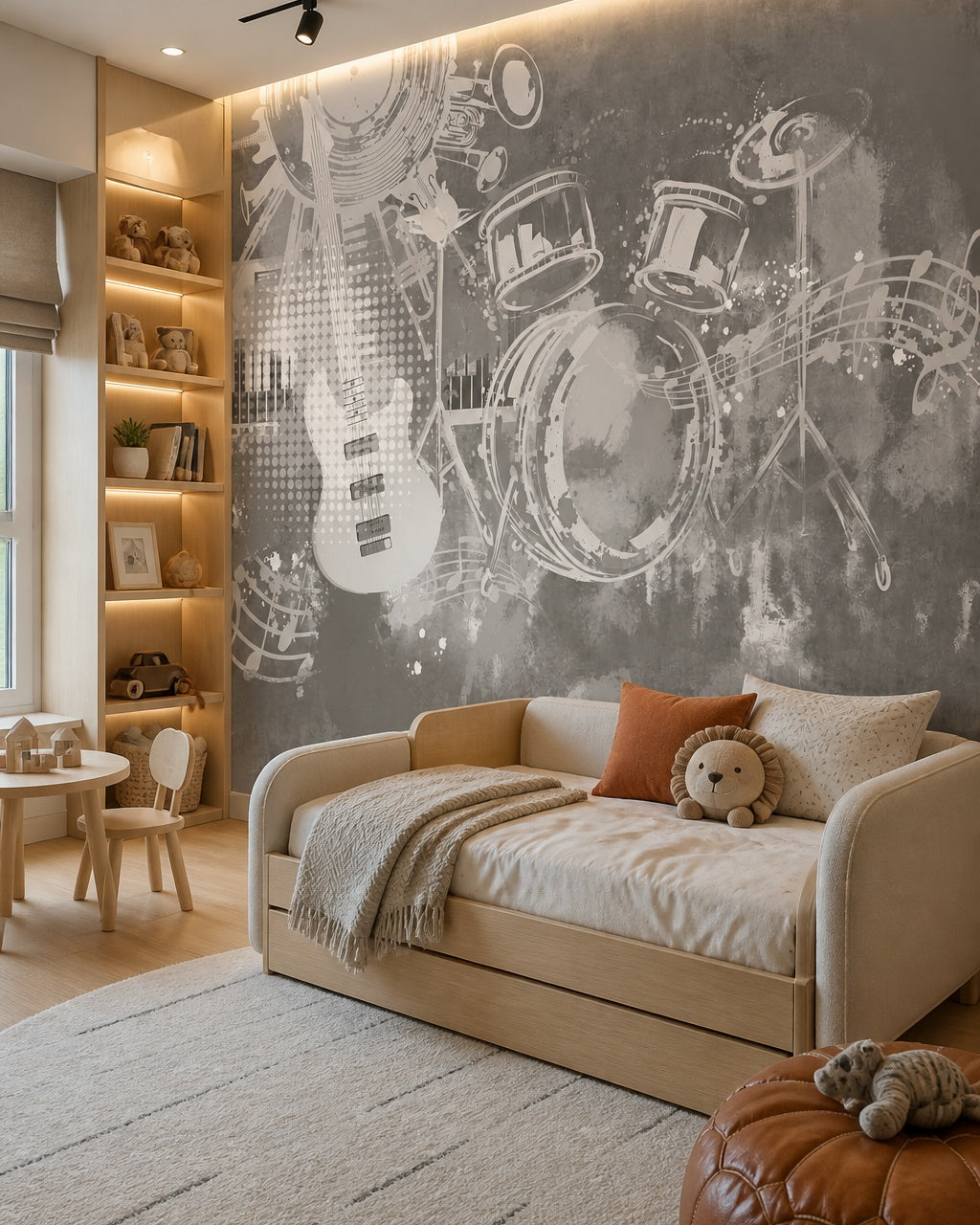 Grey guitar and drums wallpaper in a kids’ room with a beige daybed and warm shelf lighting.
