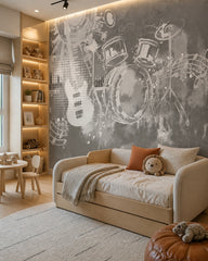 Grey guitar and drums wallpaper in a kids’ room with a beige daybed and warm shelf lighting.