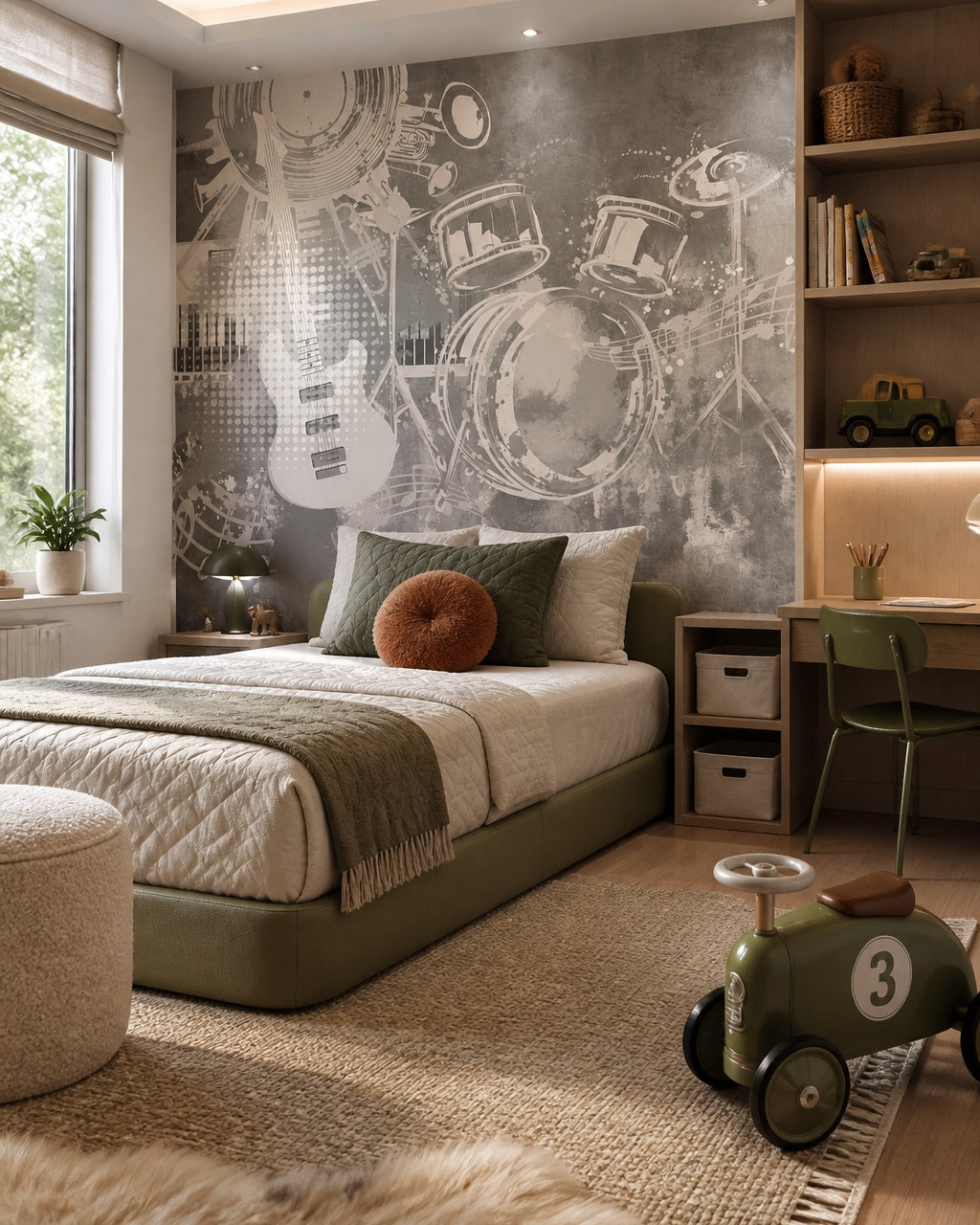Grey guitar and drums wallpaper in a bedroom with a low olive green bed and a desk.