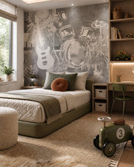 Grey guitar and drums wallpaper in a bedroom with a low olive green bed and a desk.