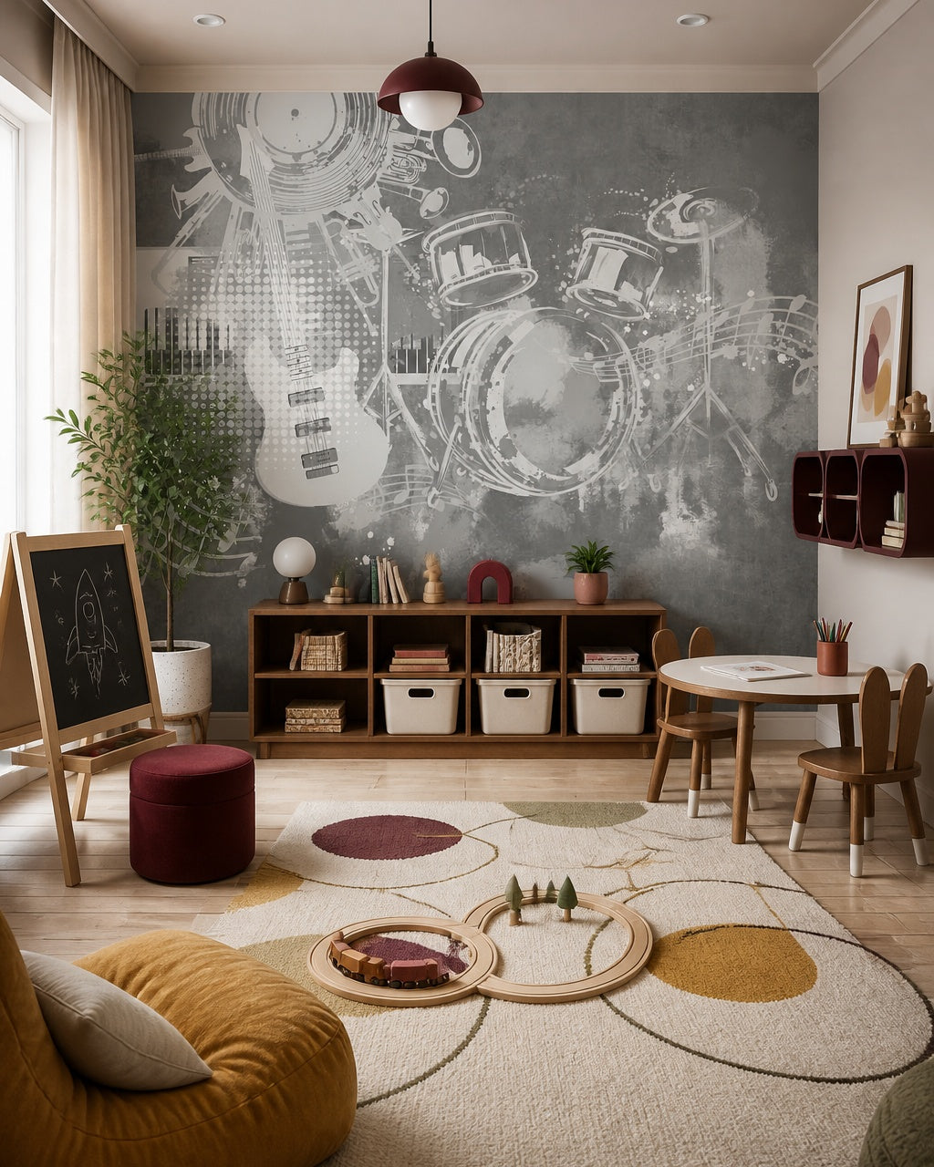 Grey guitar and drums wallpaper in a playroom with an easel and open storage shelves.