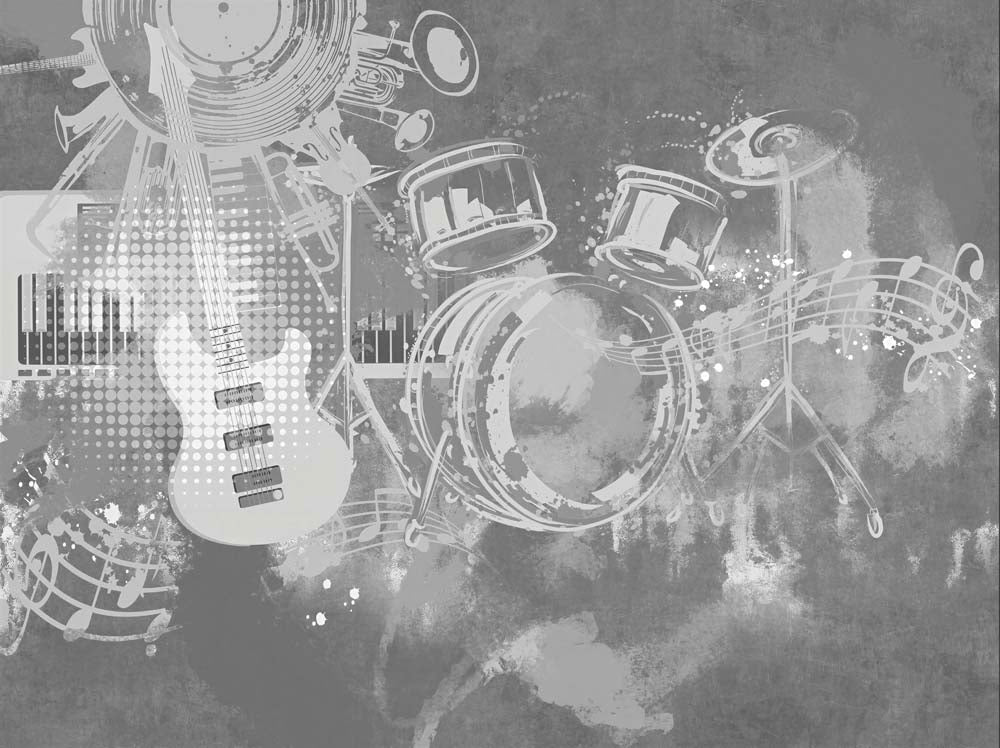 Grey concrete-look wallpaper with a white electric guitar, drum kit, keyboard and musical notes.