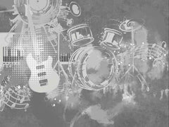 Grey concrete-look wallpaper with a white electric guitar, drum kit, keyboard and musical notes.