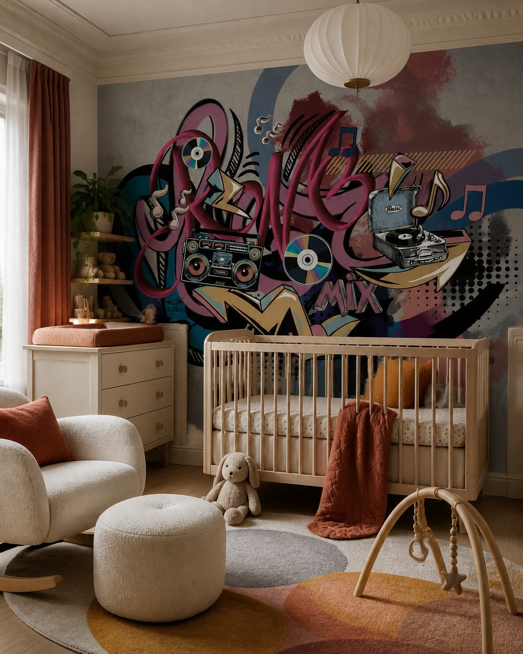 Graffiti music mix wallpaper in a nursery with a wooden crib and a rust-coloured curtain.