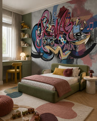 Graffiti music mix wallpaper in a bedroom with an olive green upholstered bed and a desk.