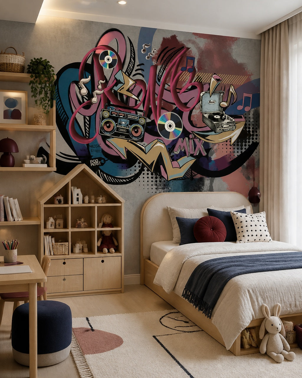 Graffiti music mix wallpaper in a kids’ bedroom with a wooden bed and a house-shaped shelf.