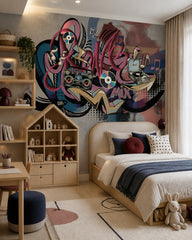 Graffiti music mix wallpaper in a kids’ bedroom with a wooden bed and a house-shaped shelf.