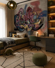 Graffiti music mix wallpaper in a bedroom with a built-in desk and warm shelf lighting.