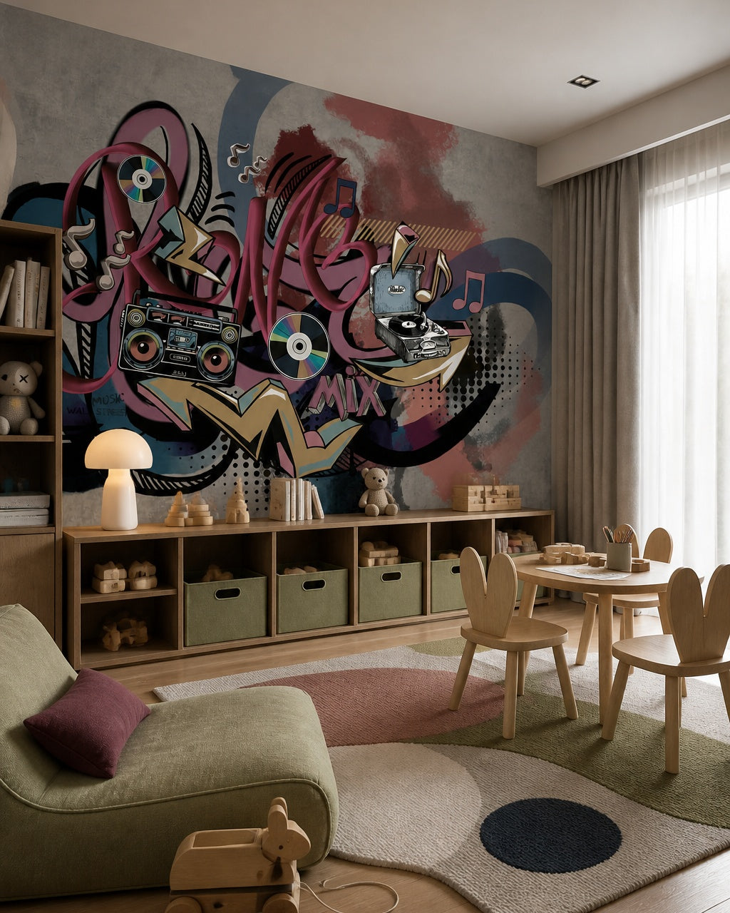 Graffiti music mix wallpaper in a playroom with cubby storage and a play table.