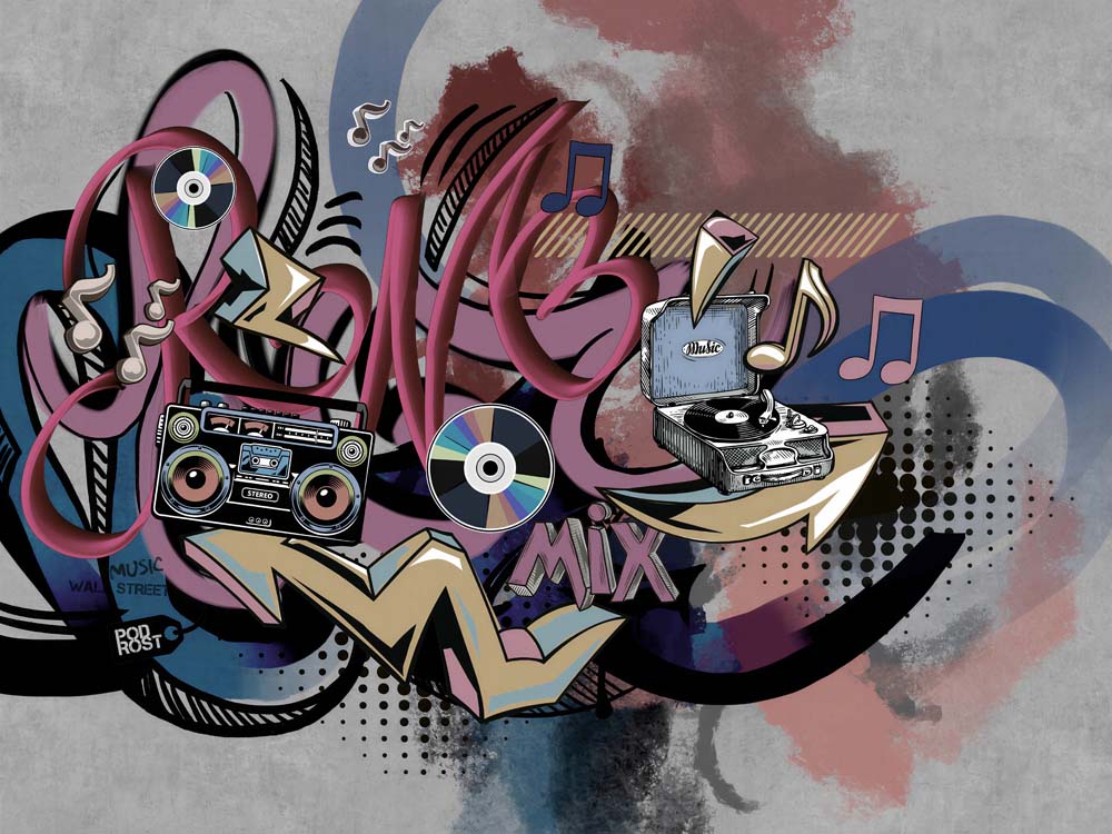 Colourful graffiti wallpaper with a boombox, vinyl record, turntable and music notes in pink, blue and gold on a grey wall.