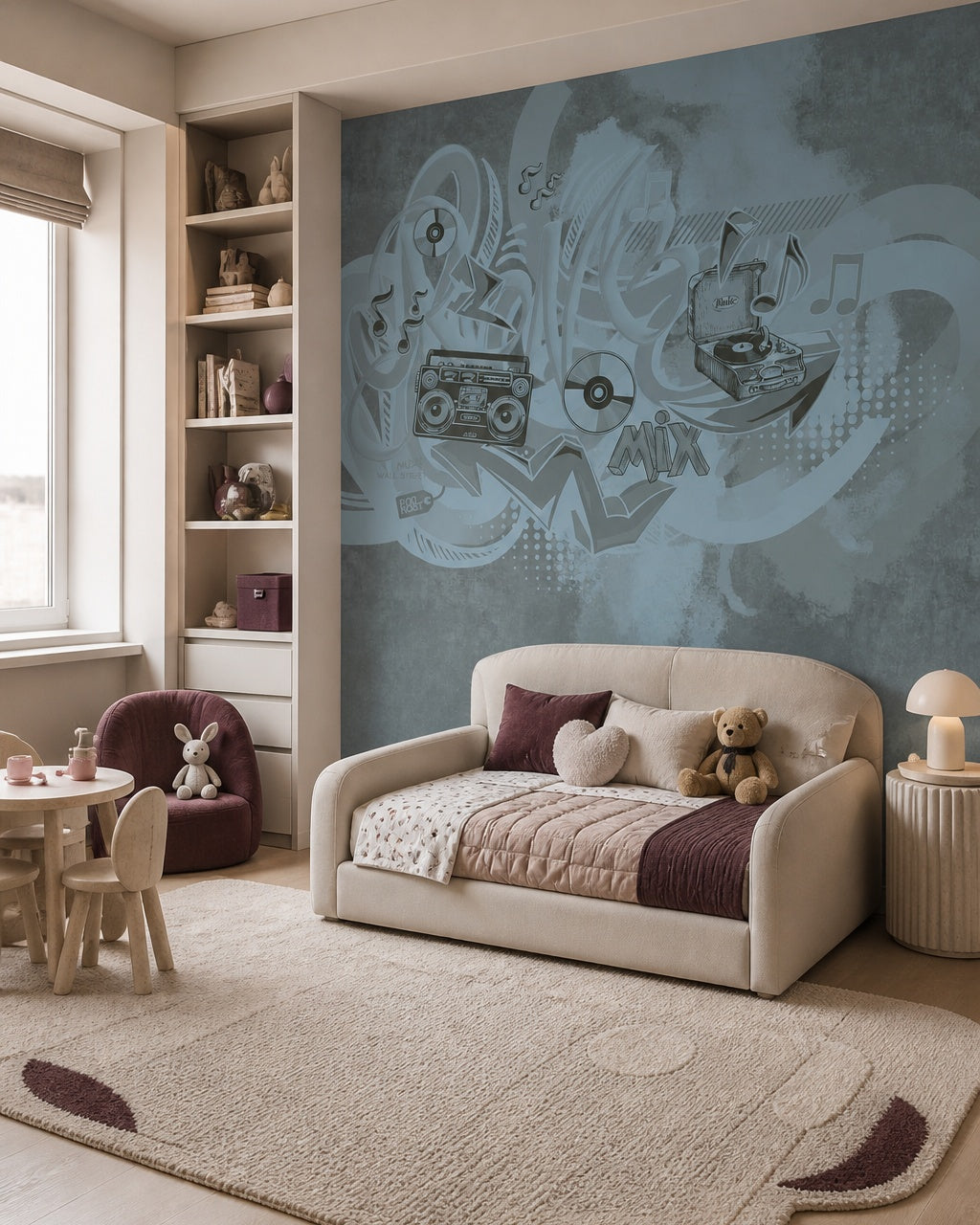 Blue graffiti music wallpaper in a kids’ room with a cream daybed and a play table.