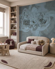 Blue graffiti music wallpaper in a kids’ room with a cream daybed and a play table.