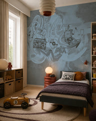 Blue graffiti music wallpaper in a kids’ bedroom with a vintage toy car and a low bed.
