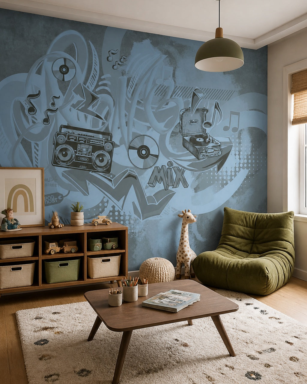 Blue graffiti music wallpaper in a playroom with cubby shelves and a green lounge chair.