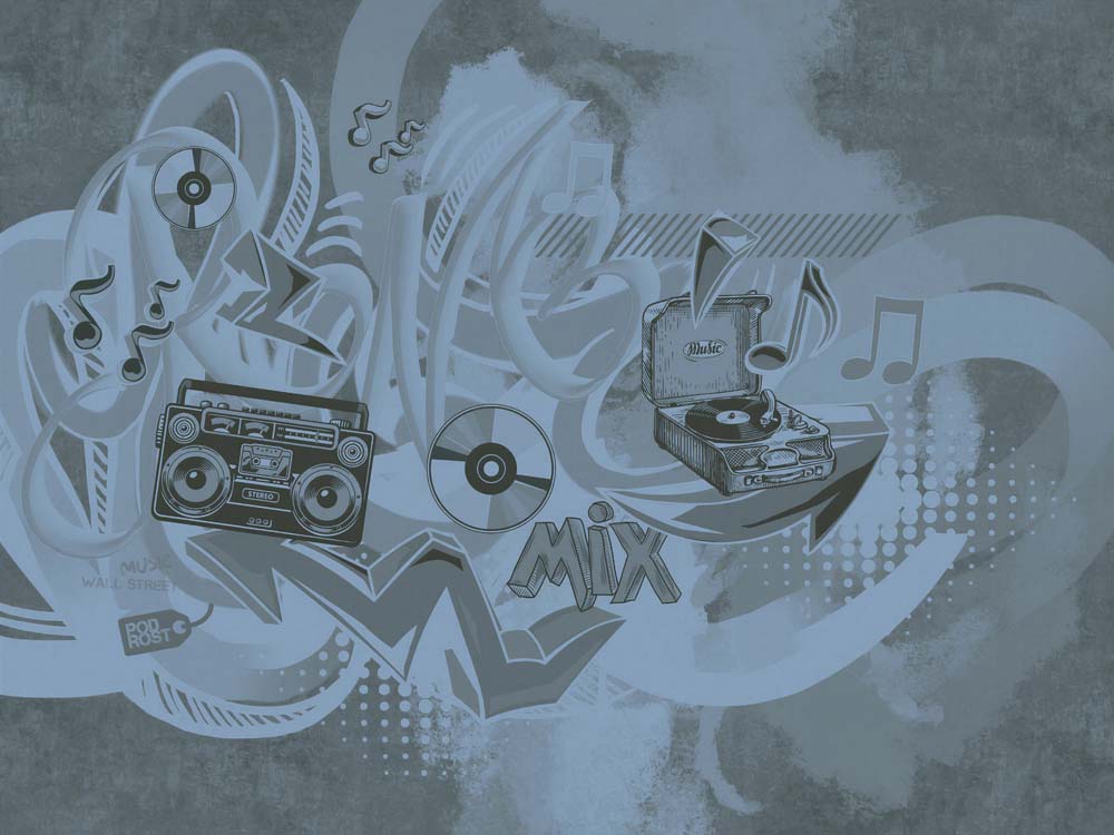 Blue Graffiti Music Wallpaper – Boombox and Turntable Mural