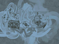 Tonal blue graffiti wallpaper with a boombox, vinyl record, turntable and music notes on a grey-blue concrete background.