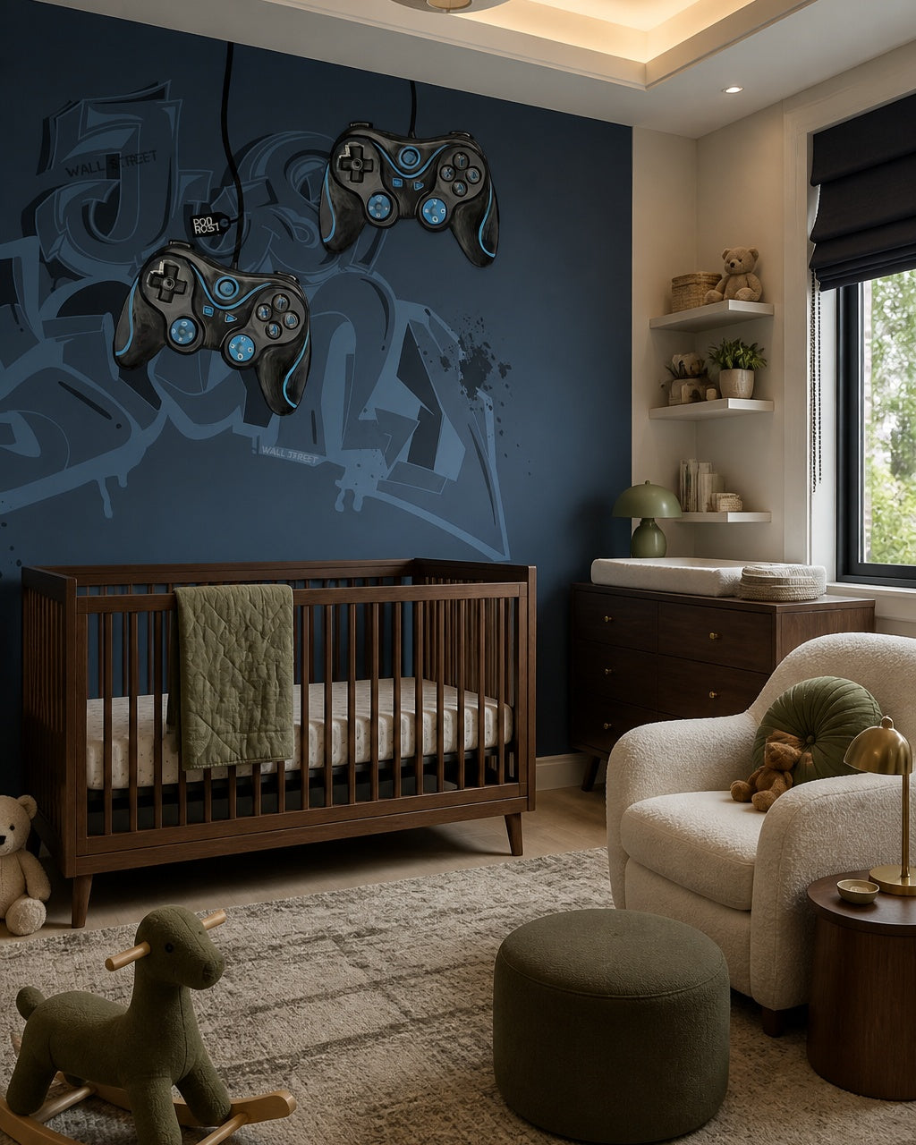 Navy gamer wallpaper with game controllers in a nursery with a dark wood crib and a plush rocking horse.