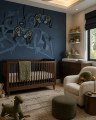 Navy gamer wallpaper with game controllers in a nursery with a dark wood crib and a plush rocking horse.