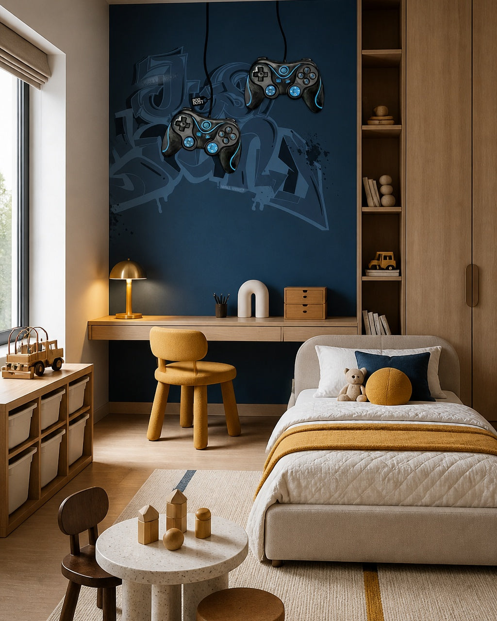 Navy gamer wallpaper with game controllers in a kids’ bedroom with a desk, a cream bed and mustard accents.