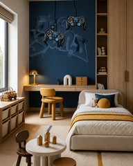 Navy gamer wallpaper with game controllers in a kids’ bedroom with a desk, a cream bed and mustard accents.