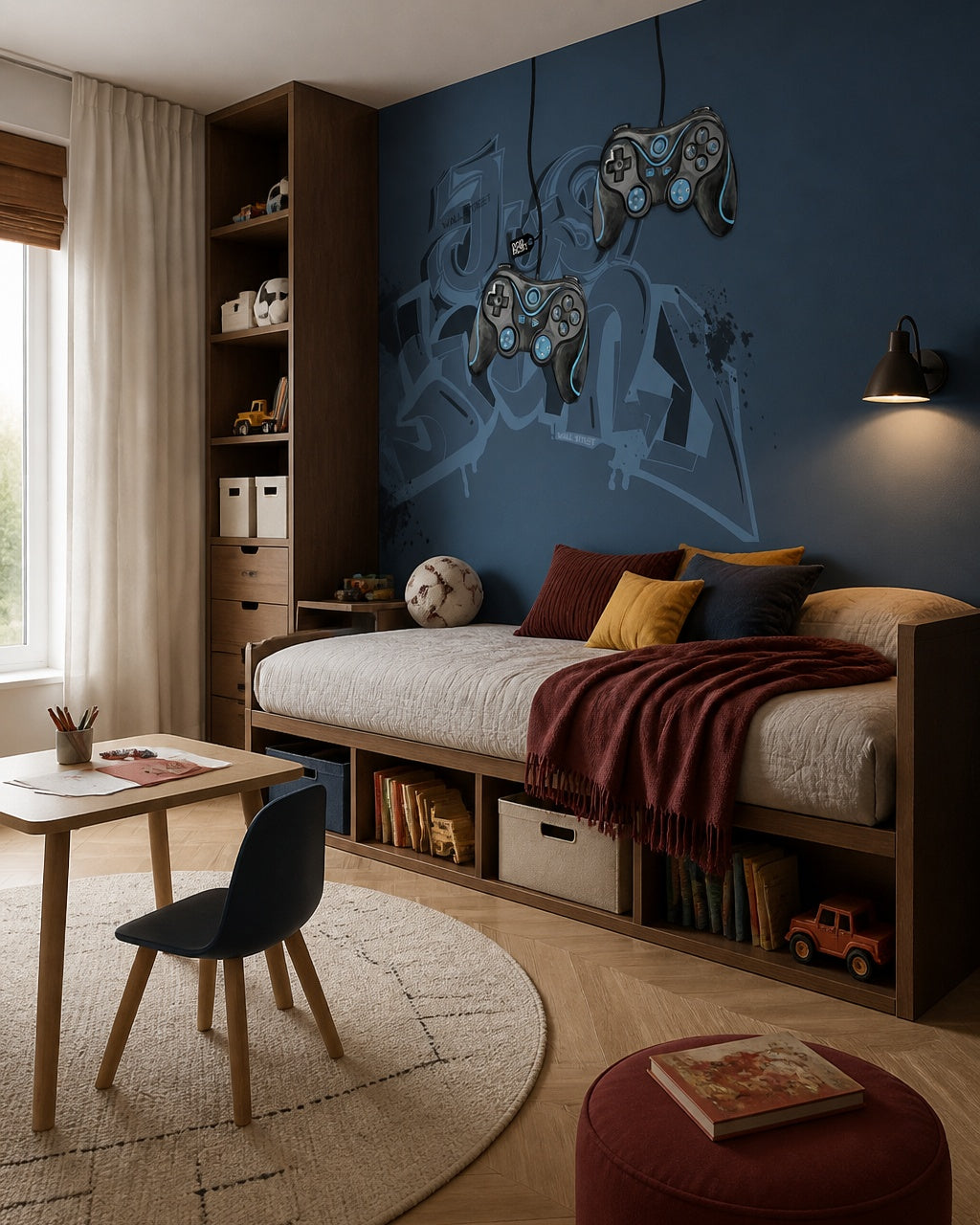 Navy gamer wallpaper with game controllers in a bedroom with a storage daybed and a desk.