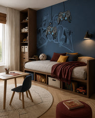 Navy gamer wallpaper with game controllers in a bedroom with a storage daybed and a desk.