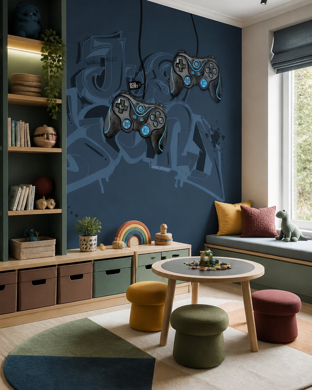 Navy gamer wallpaper with game controllers in a playroom with green built-in shelves and a round play table.