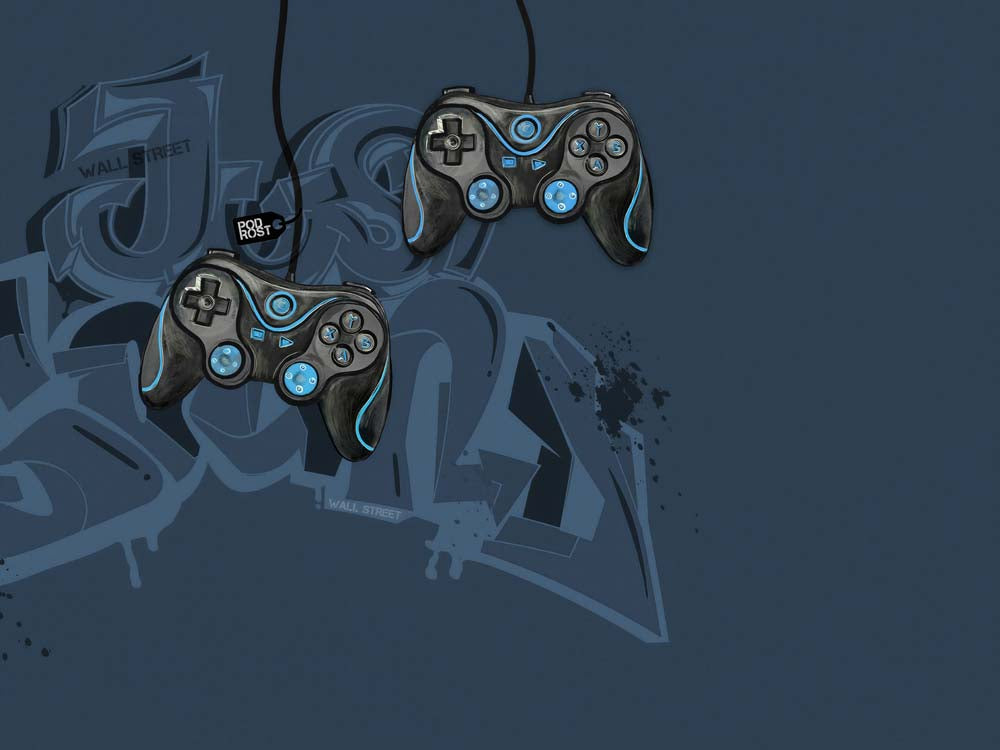 Navy blue gamer wallpaper with two hanging game controllers with glowing blue buttons over tonal graffiti lettering.
