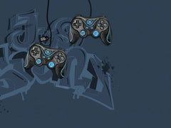 Navy blue gamer wallpaper with two hanging game controllers with glowing blue buttons over tonal graffiti lettering.