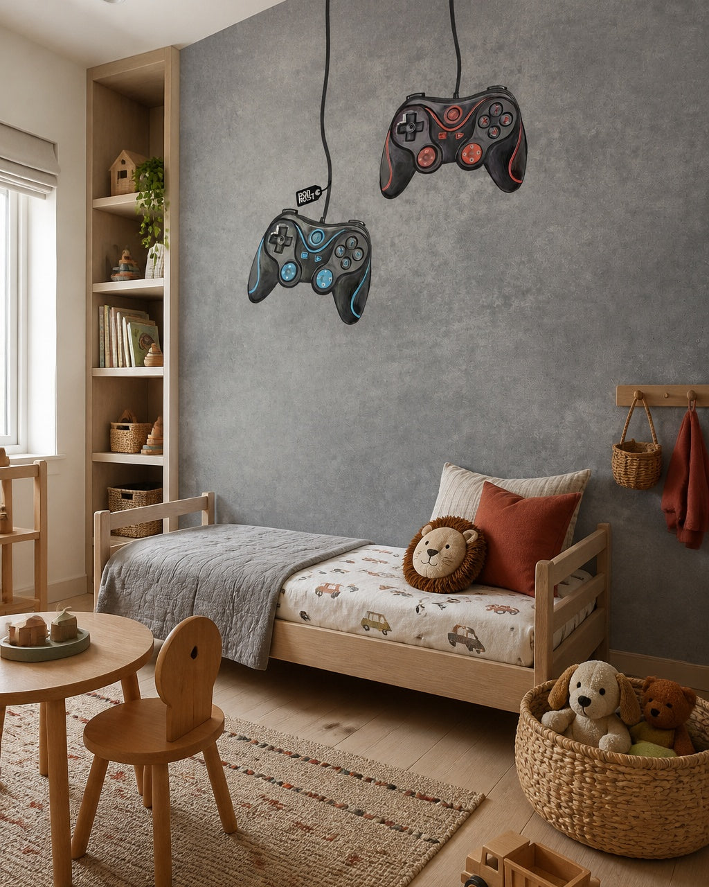 Grey concrete gamer wallpaper with game controllers in a toddler room with a wooden bed and a play table.