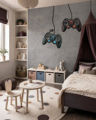 Grey concrete gamer wallpaper with game controllers in a kids’ bedroom with a canopy bed and cubby storage.