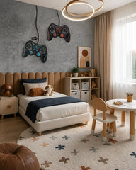 Grey concrete gamer wallpaper with game controllers in a bedroom with a padded headboard and a round play table.