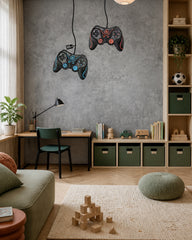 Grey concrete gamer wallpaper with game controllers in a study corner with a desk and green storage boxes.