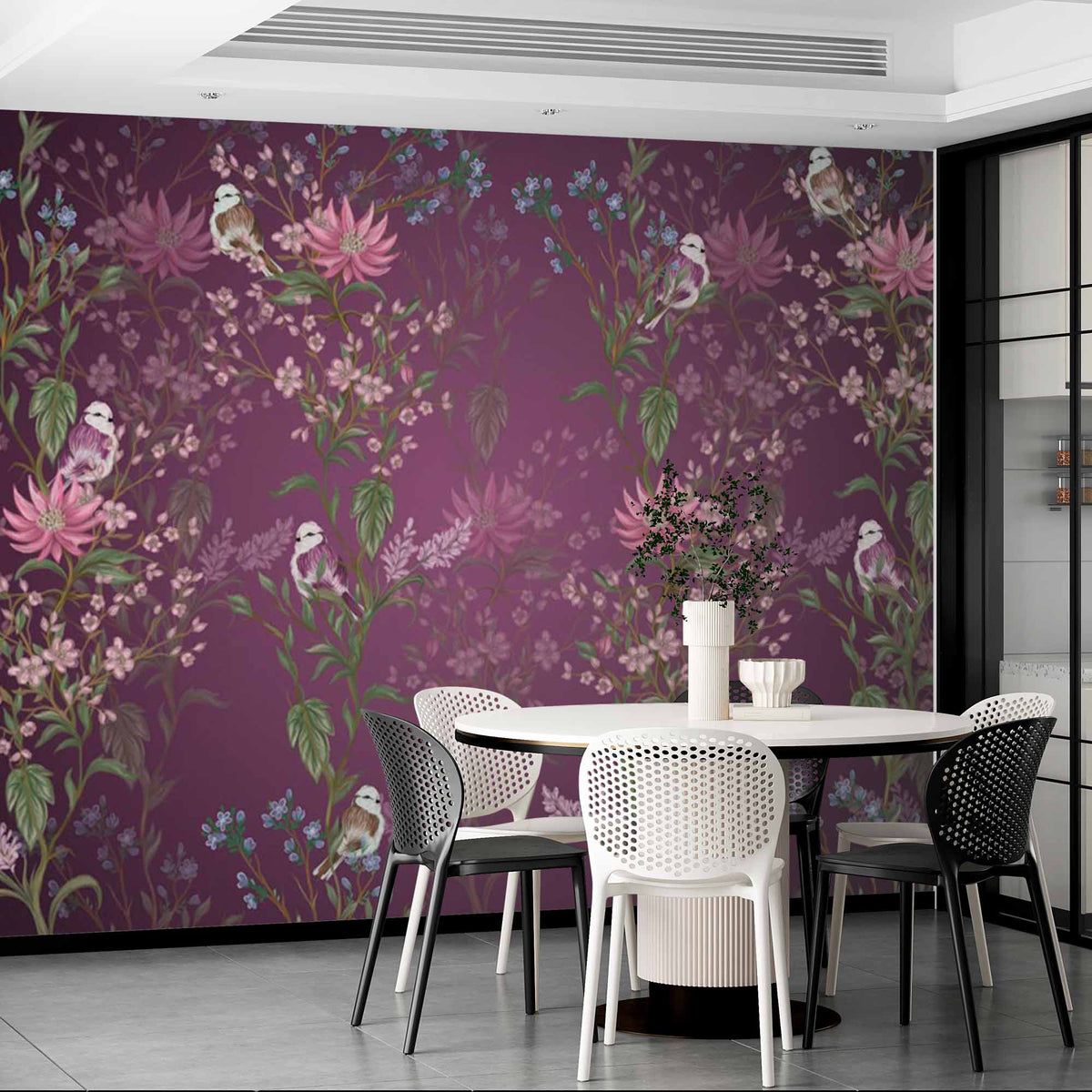 Rich Plum Floral and Bird Wall Mural Wallpaper