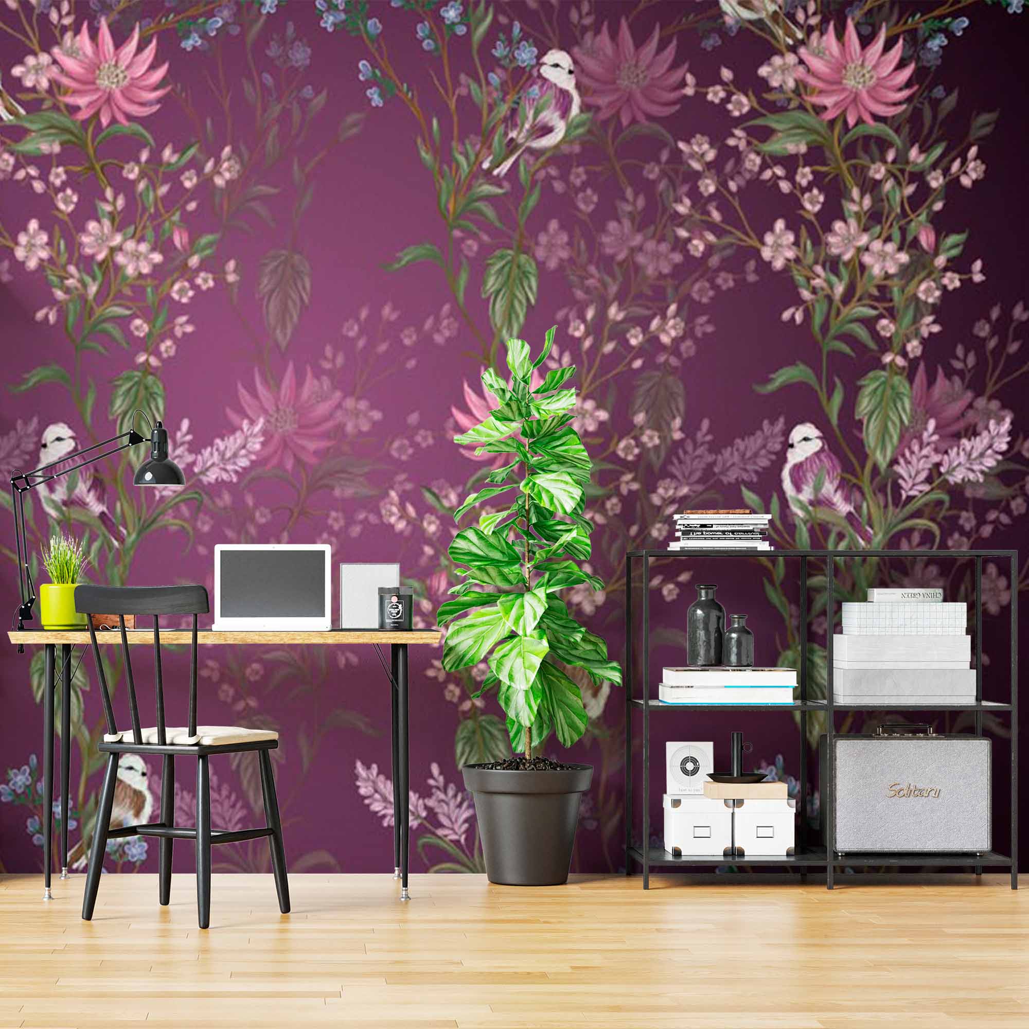 Rich Plum Floral and Bird Wall Mural Wallpaper