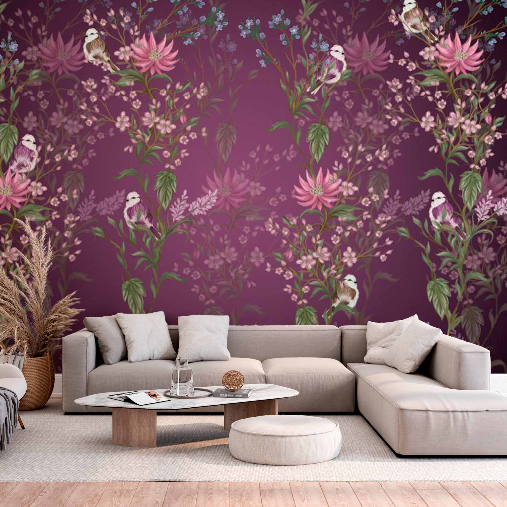 Rich Plum Floral and Bird Wall Mural Wallpaper