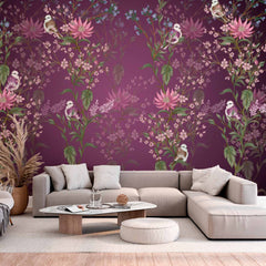 Custom Rich Plum Floral and Bird Wall Mural Wallpaper