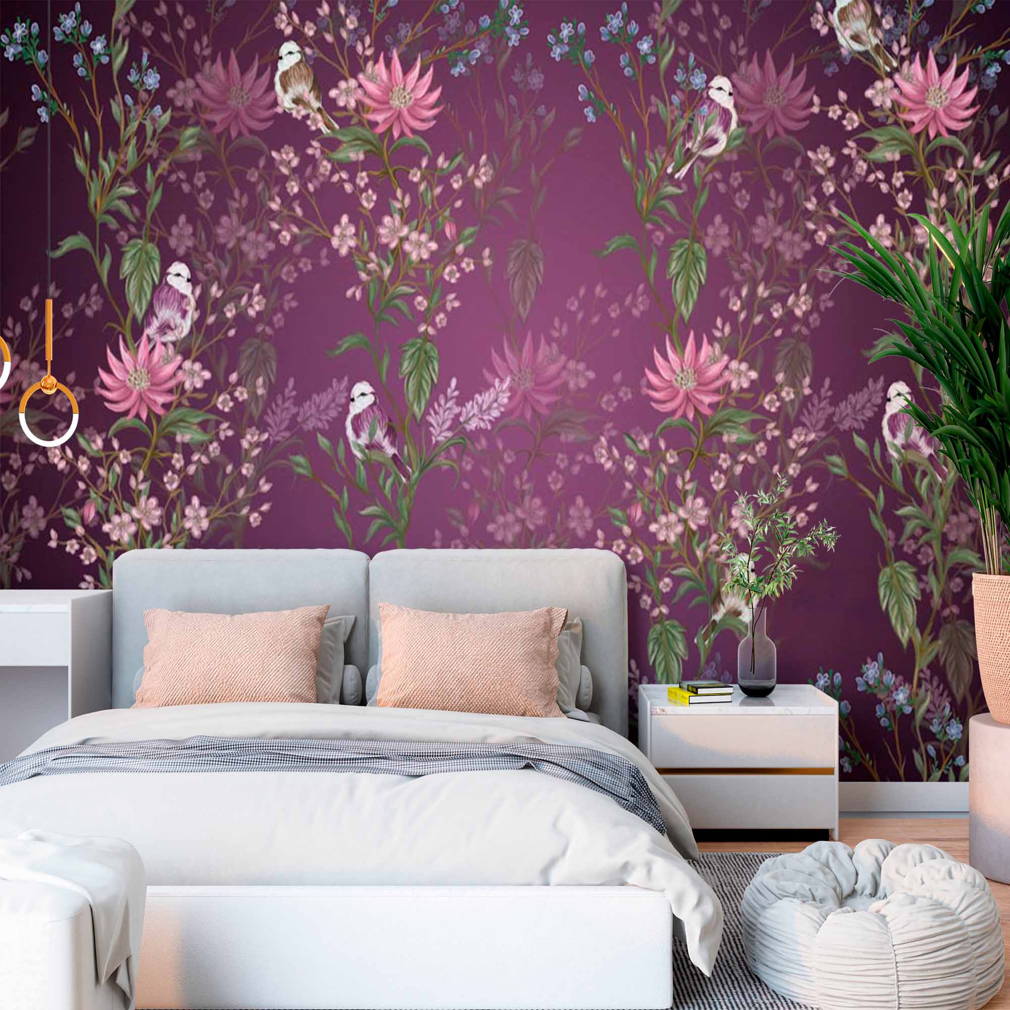 Rich Plum Floral and Bird Wall Mural Wallpaper