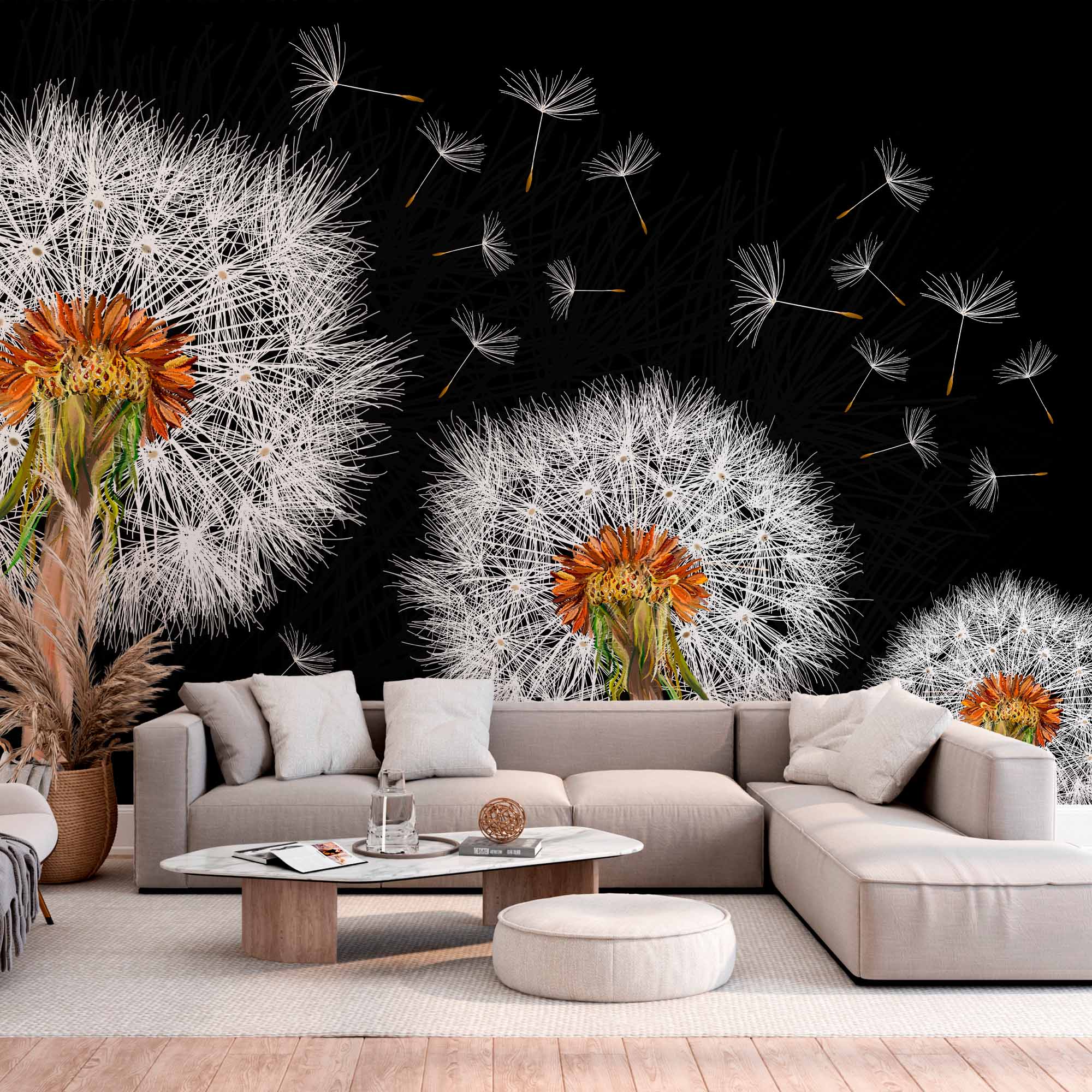 Modern Black and White Dandelion Wall Mural Wallpaper