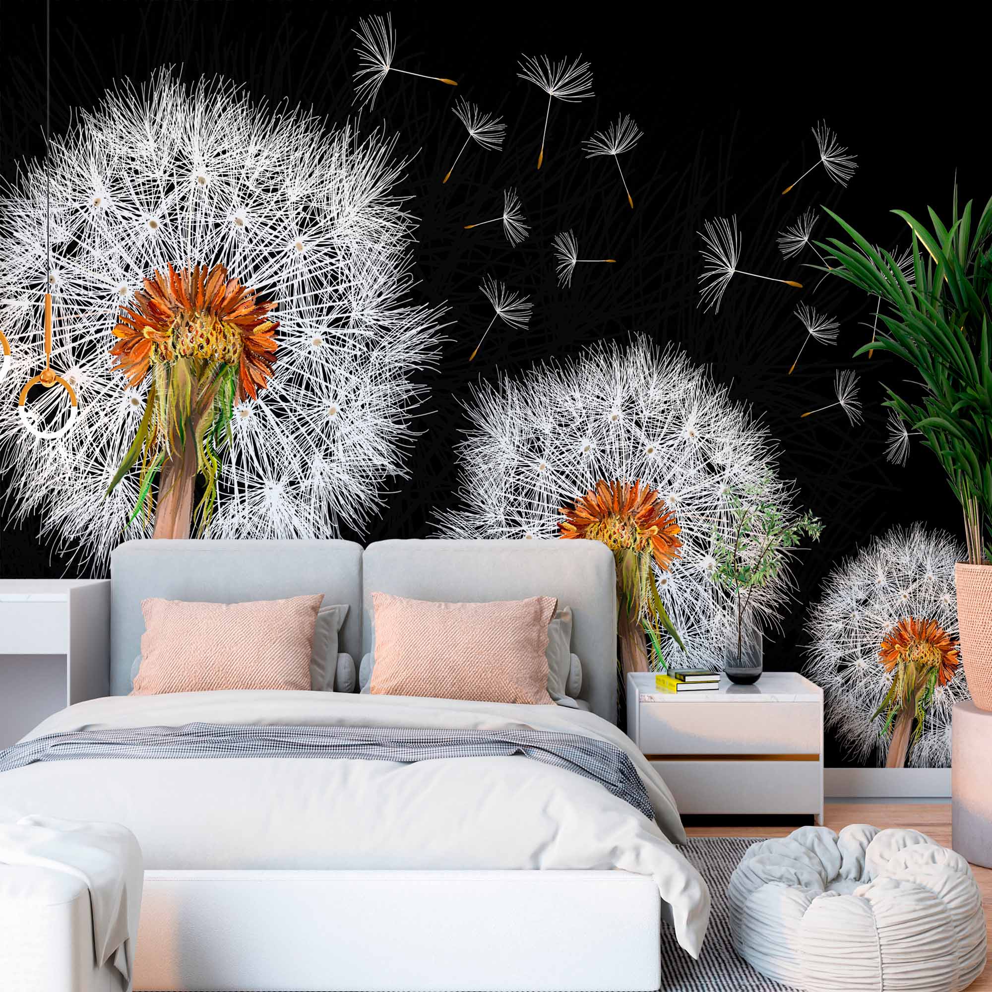 Modern Black and White Dandelion Wall Mural Wallpaper