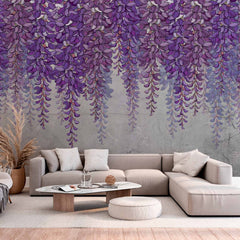 Custom Elegant Purple Wisteria Wall Mural Wallpaper with Concrete Texture